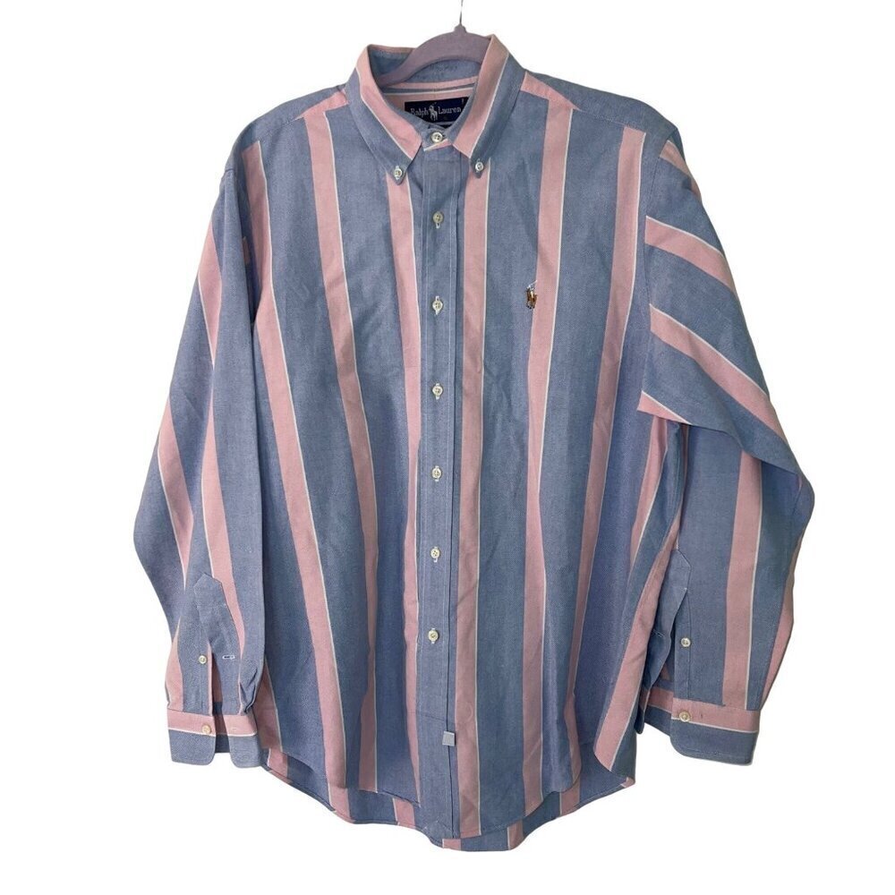Ralph Lauren Vintage Mens Shirt Size 34 Blue Striped Button Down Pure Cotton